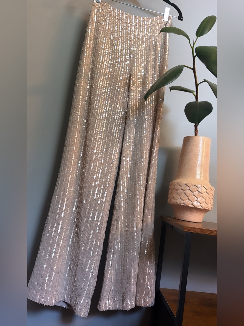 Dove Gray Sequin Palazzo Pants | Wide Leg Semi-Sheer Pants | Size Medium
